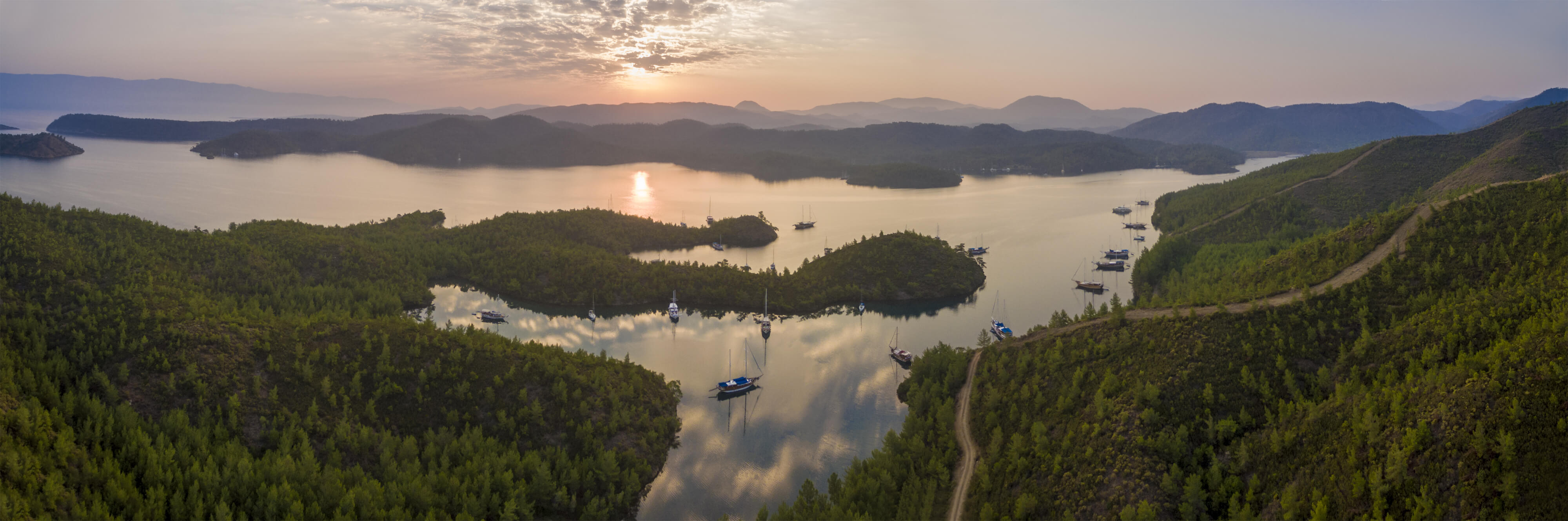 Aerial panorama of English Harbor in Gokova Gulf Bodrum Turkey