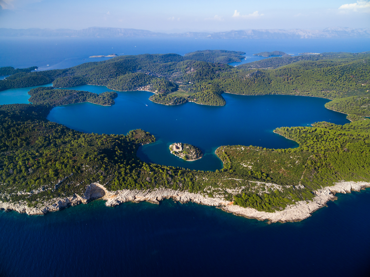 Aerial view of Mljet Lake with Monastery of Saint Mary, Croatia