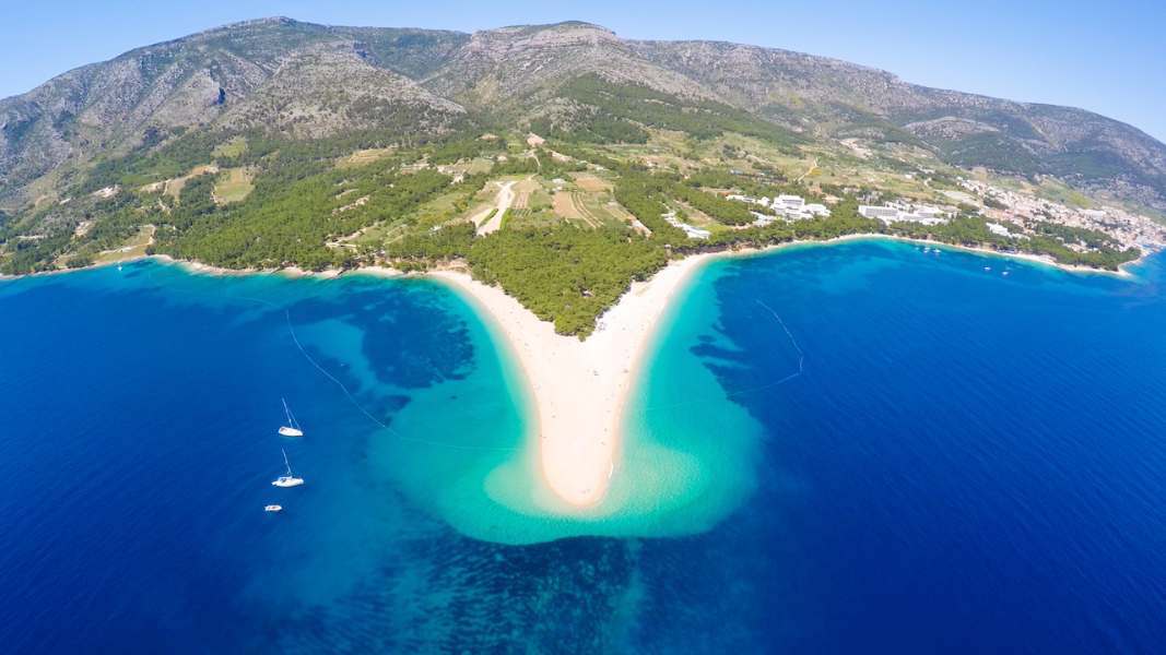 erial view of Zlatni Rat beach close to the town of Bol on the island of Brac, Croatia