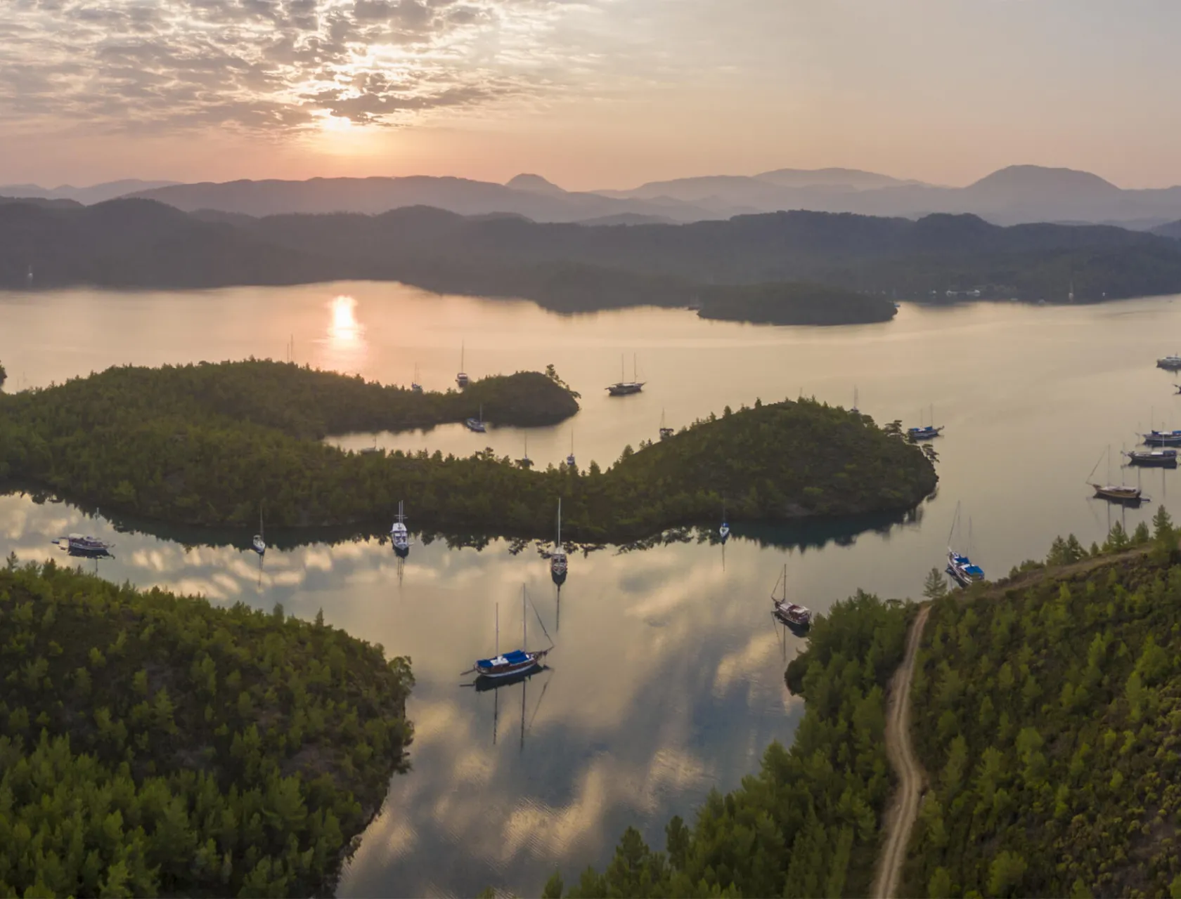 Aerial panorama of English Harbor in Gokova Gulf Bodrum Turkey