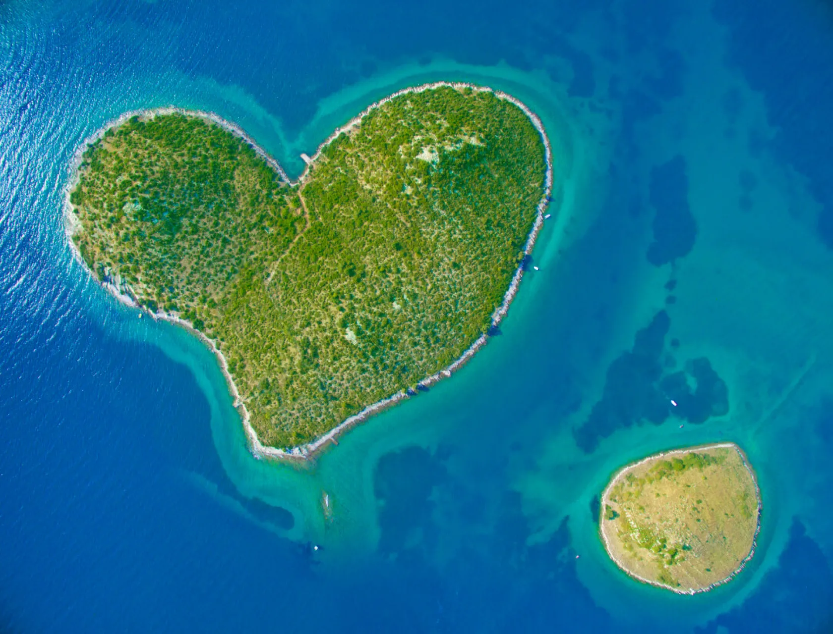 Aerial view of the heart shaped Galesnjak island on the adriatic coast of Croatia