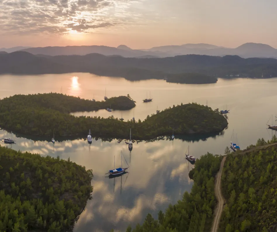 Aerial panorama of English Harbor in Gokova Gulf Bodrum Turkey