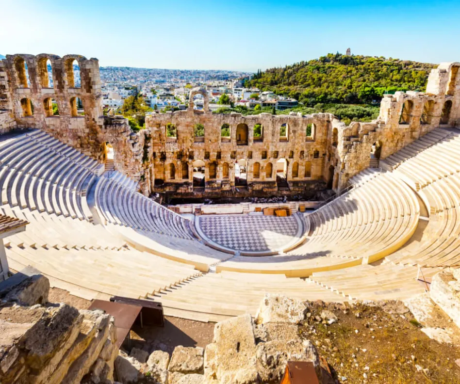 Ancient herodes atticus theater amphitheater of Acropolis of Athens, landmark of Greece