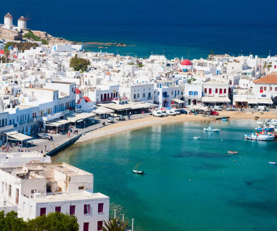 Panorama of traditional greek village with white houses on Mykonos Island
