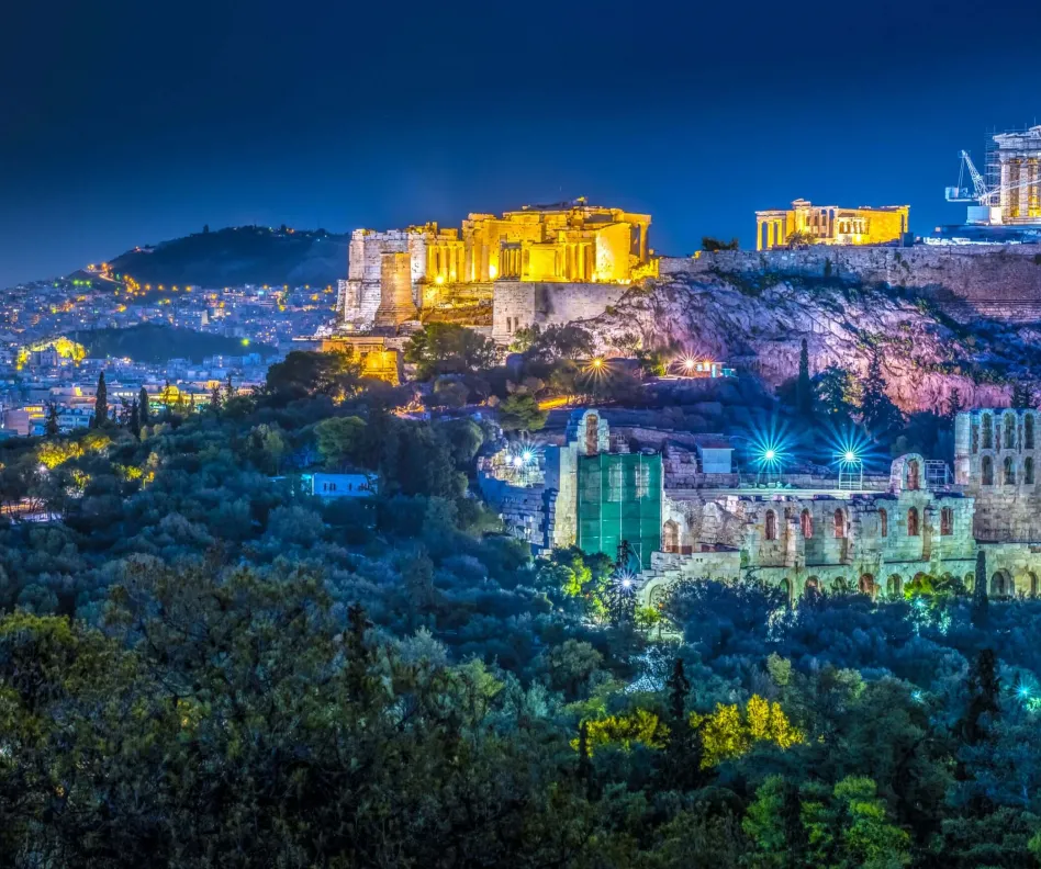 Parthenon and Herodium construction in Acropolis Hill in Athens, Greece shot in blue hou