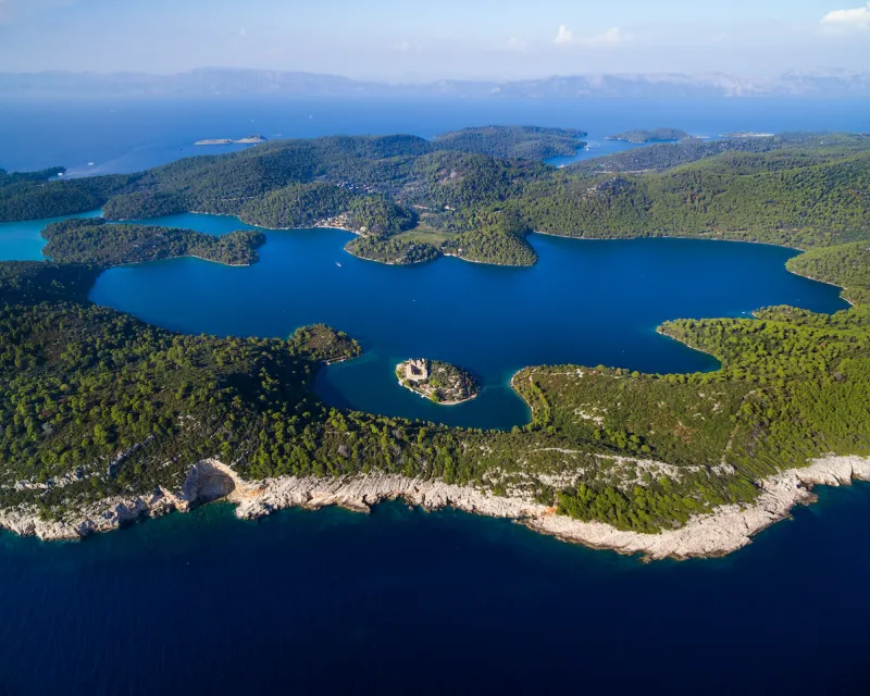 Aerial view of Mljet Lake with Monastery of Saint Mary, Croatia