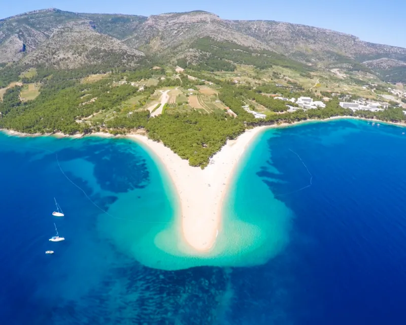 Aerial view of Zlatni Rat beach close to the town of Bol on the island of Brac, Croatia