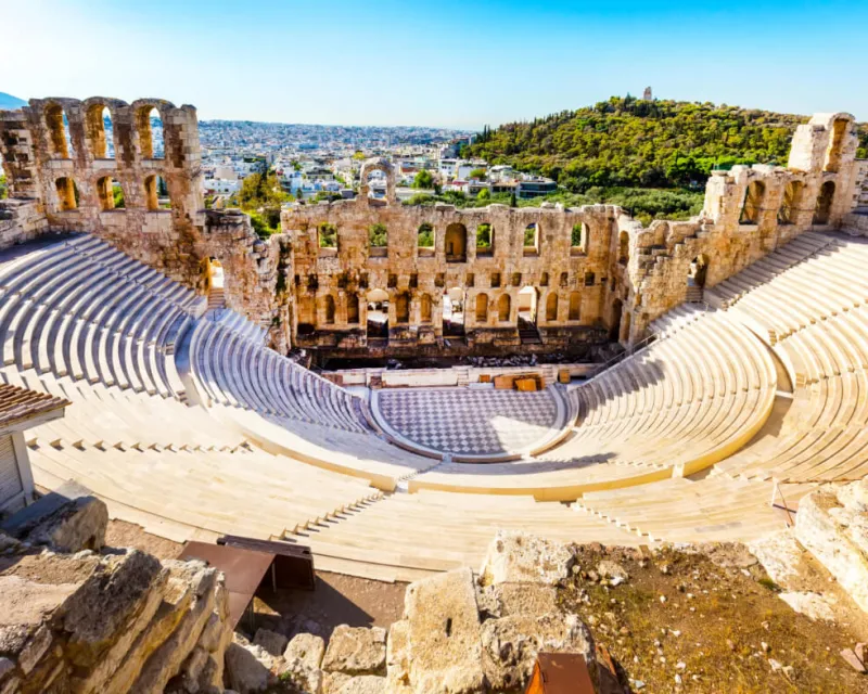 Ancient herodes atticus theater amphitheater of Acropolis of Athens, landmark of Greece