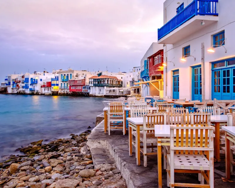 Beautiful sunrise at Little Venice on Mykonos island Cyclades Greece