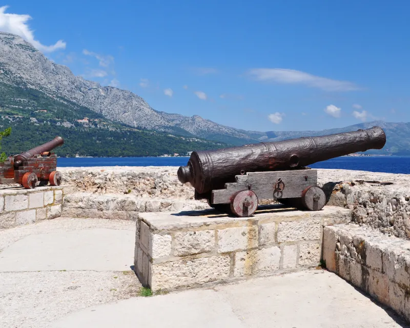 Cannons at medieval fortress in Korcula town, Korcula Island, Croatia