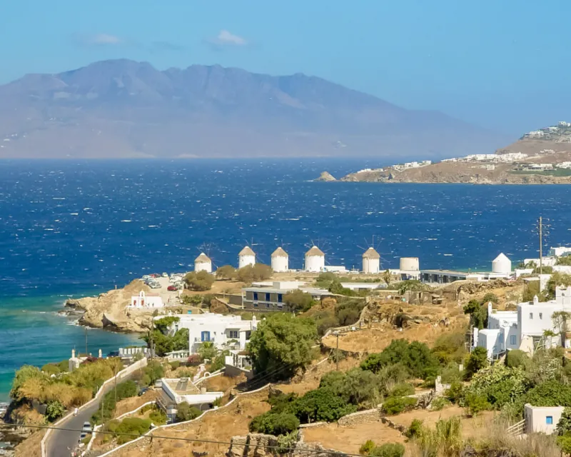 Five decorative windmills a popular tourist destination in Chora Mykonos island in Greece