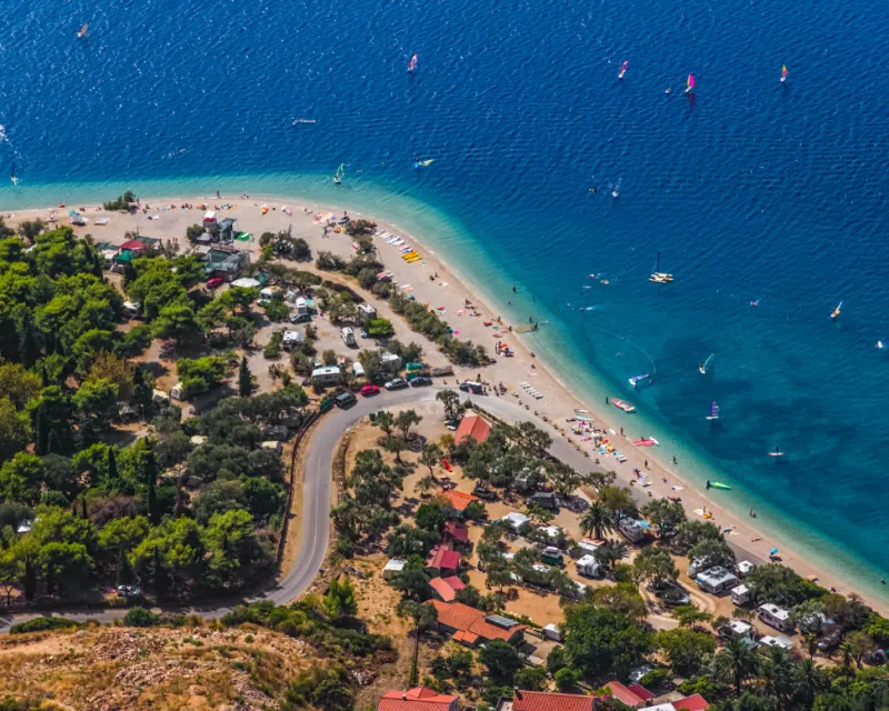 Helicopter aerial shoot of sandy beach Zrnovo near Orebic on Peljesac peninsula