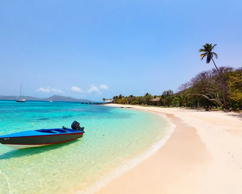 Idyllic-tropical-beach-with-white-sand-palm-trees-and-turquoise-Caribbean-sea-water-on-exotic-island-in-St-Vincent-and-the-Grenadines