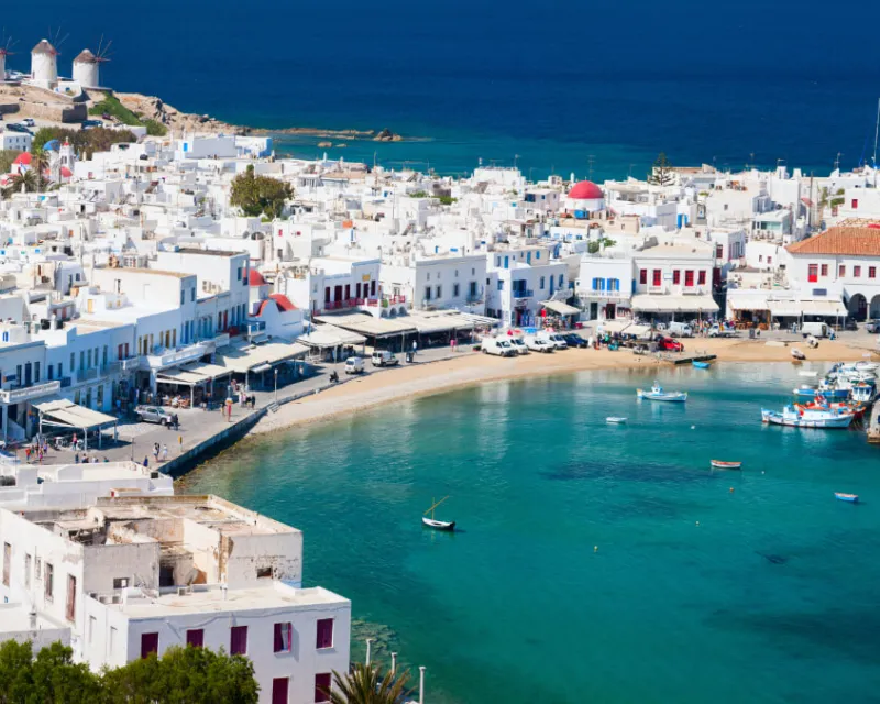 Panorama of traditional greek village with white houses on Mykonos Island