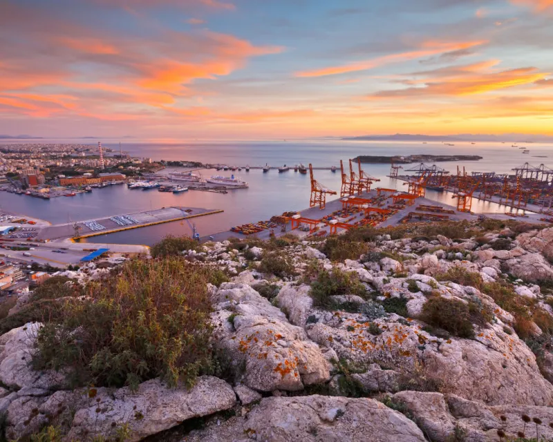 View of Piraeus harbour in Athens from the foothills of Aegaleo mountains