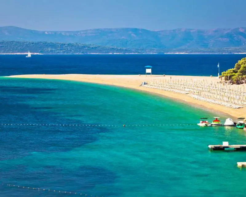 Zlatni Rat famous turquoise beach in Bol on Brac island view Dalmatia Croatia