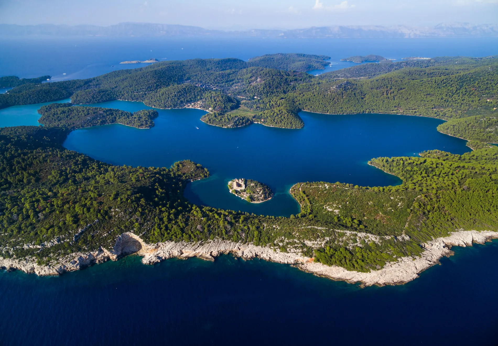 Aerial view of Mljet Lake with Monastery of Saint Mary, Croatia