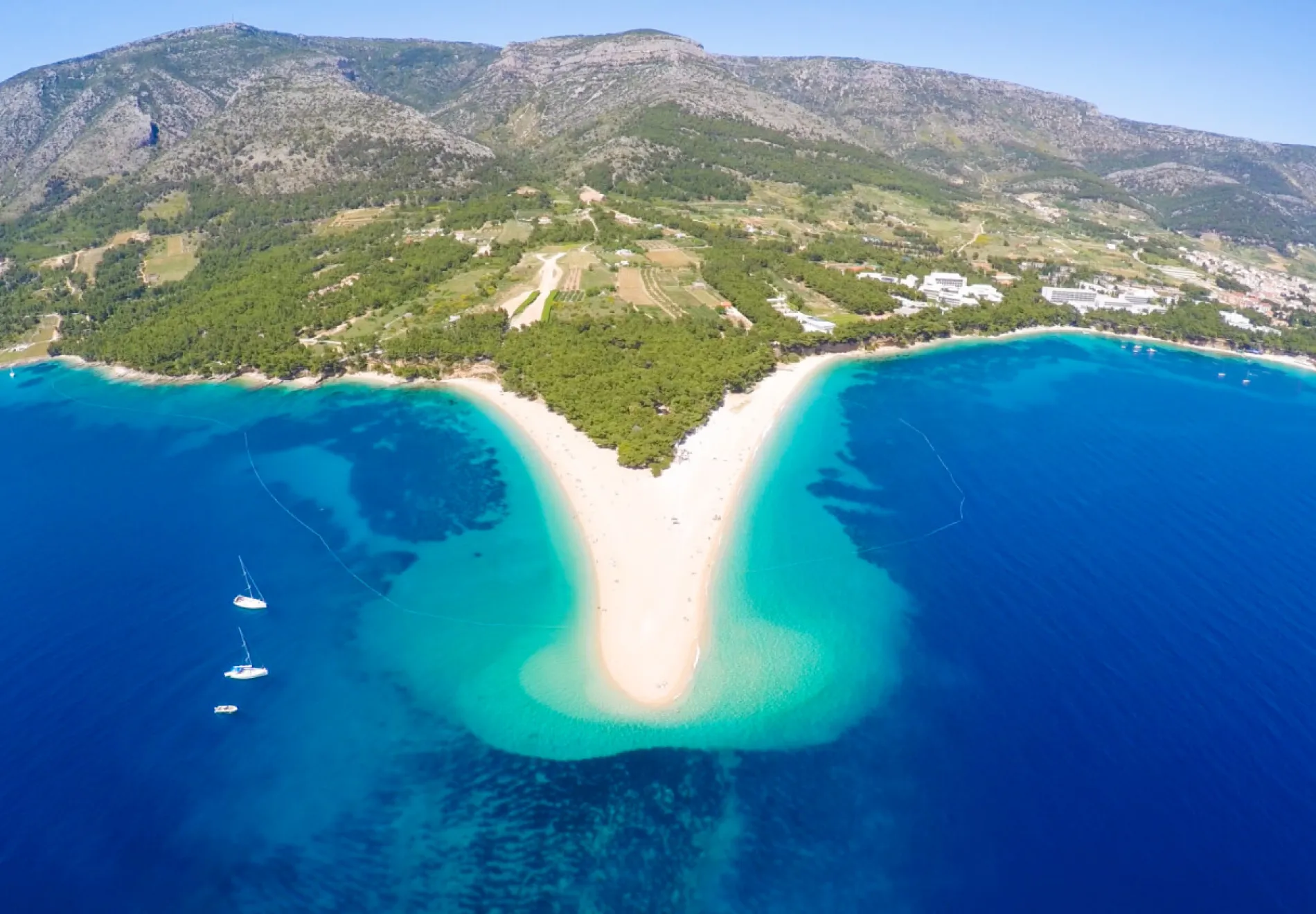 Aerial view of Zlatni Rat beach close to the town of Bol on the island of Brac, Croatia