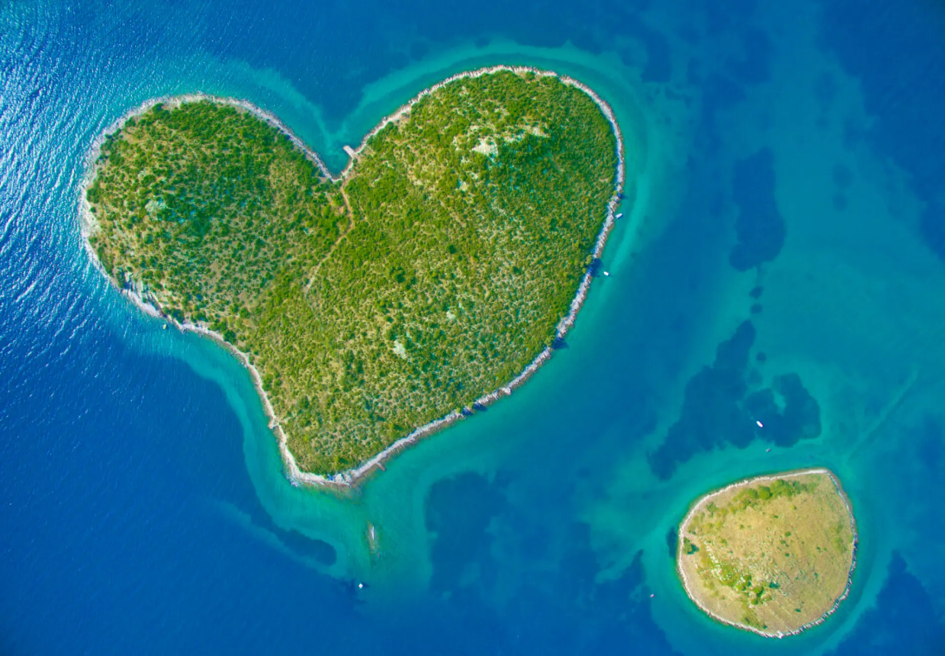 Aerial view of the heart shaped Galesnjak island on the adriatic coast of Croatia