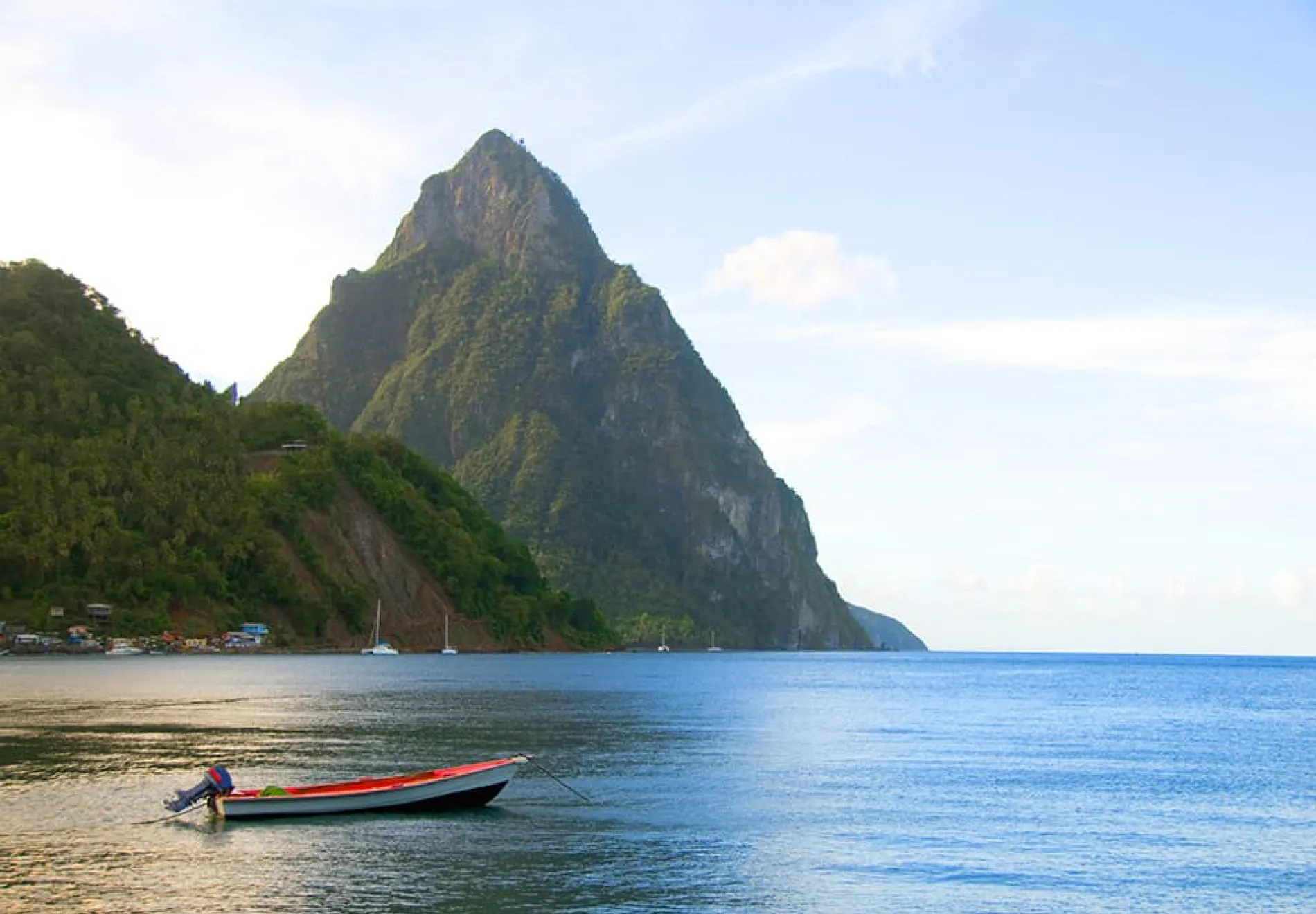 Soufriere-st.-lucia-twin-piton-mountain-peaks-with-fishing-boat