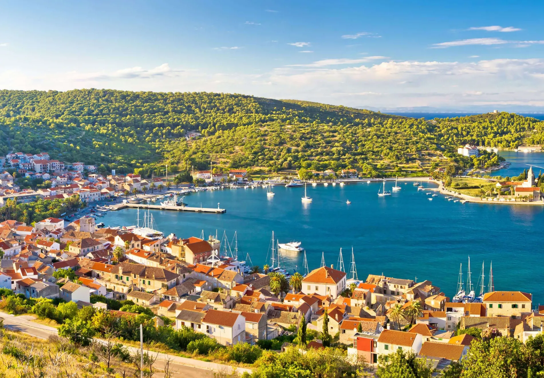 Town of Vis panorama from hill panoramic view Dalmatia Croatia