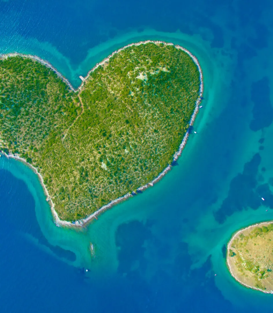 Aerial view of the heart shaped Galesnjak island on the adriatic coast of Croatia