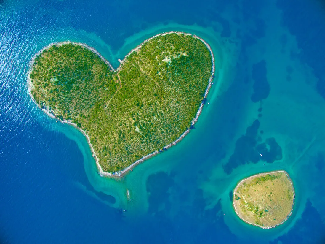 Aerial view of the heart shaped Galesnjak island on the adriatic coast of Croatia